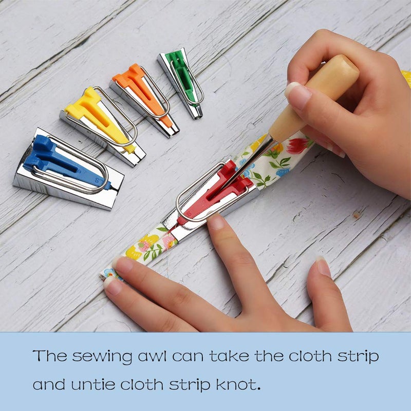 LUNARM Bias Tape Tool Kit with Instruction, 5 Sizes Bias Tape Maker (6mm 9mm 12mm 18mm 25mm) with 4 Pcs Sewing Machine Presser Foot, Sewing Clips, Ball Point Pins, Awl, for Fabric Sewing and Quilting - Image 4
